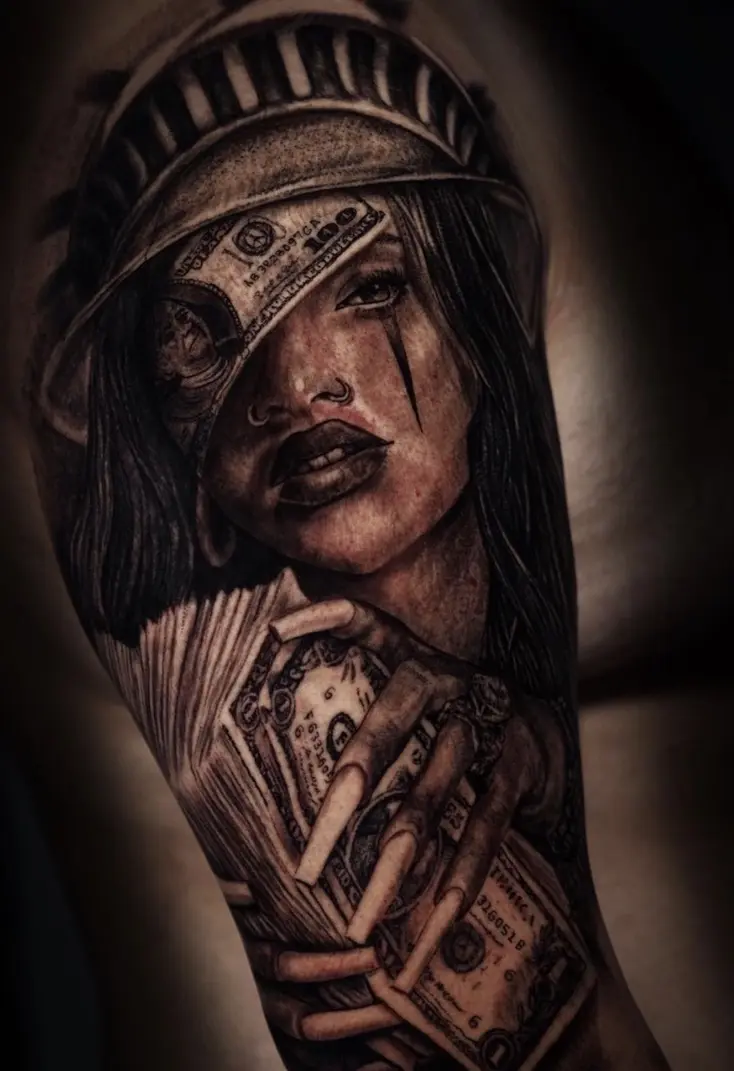 Pablo Escobar portrait tattoo with Plata o Plomo theme and realistic details by Rahma