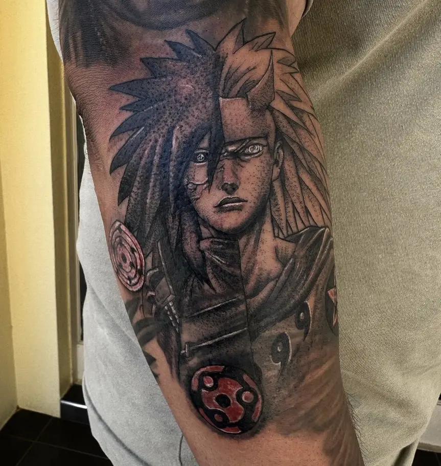 Anime character tattoo with detailed face and sharingan design by Rahma