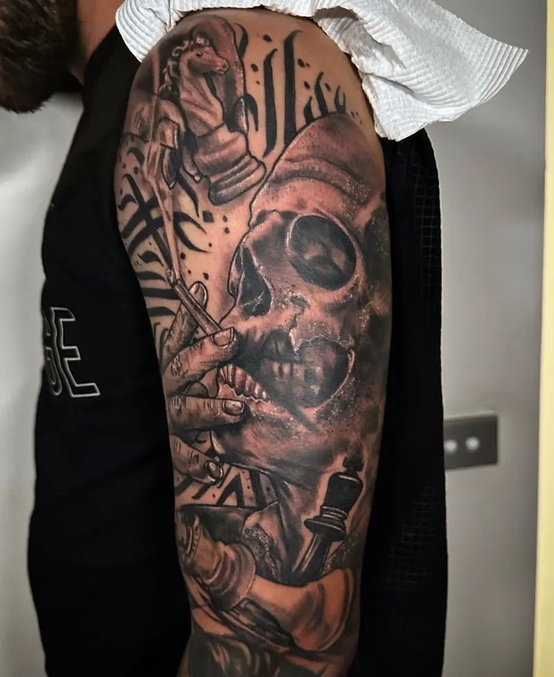 Gangster skull tattoo with urban elements and street art influence by Rahma
