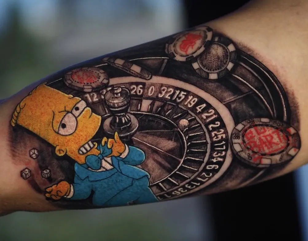 Bart Simpson roulette tattoo with vibrant colors and pop culture elements by Rahma