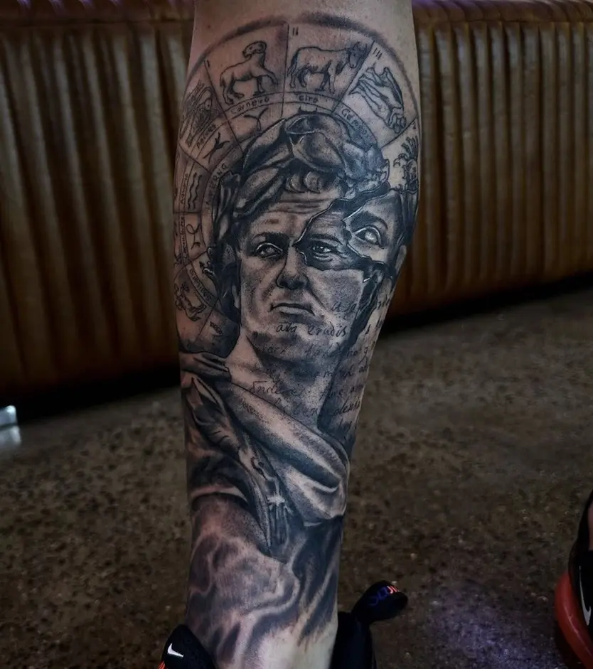 Classical sculpture tattoo with zodiac elements and detailed shading by Rahma