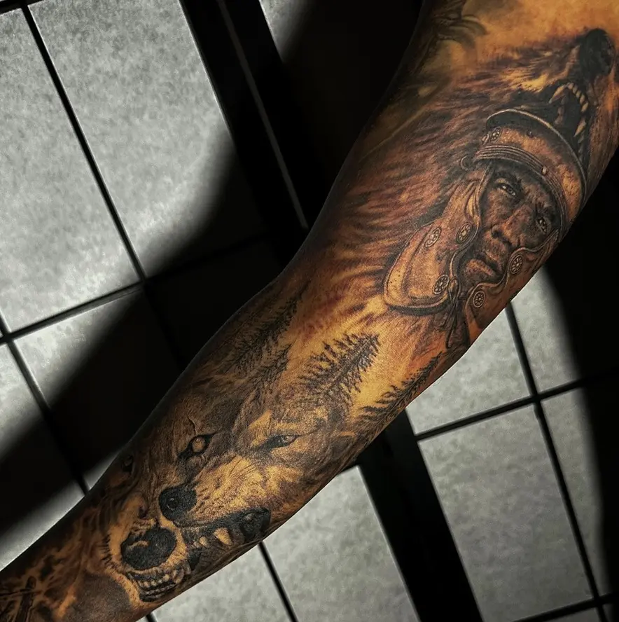 Native American chief and wolf spiritual tattoo with forest elements by Rahma