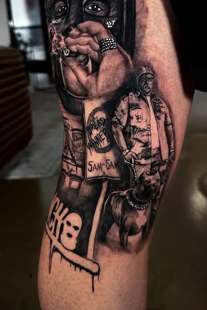 Masked hip-hop artist portrait with street culture elements by Rahma