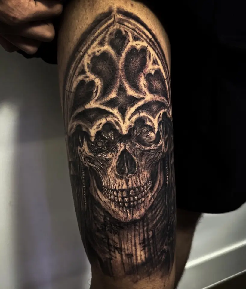 Psychedelic bus tattoo with vibrant colors and musical reference by Rahma