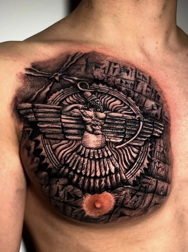 Viking warrior tattoo with detailed beard and Norse mythology elements by Rahma
