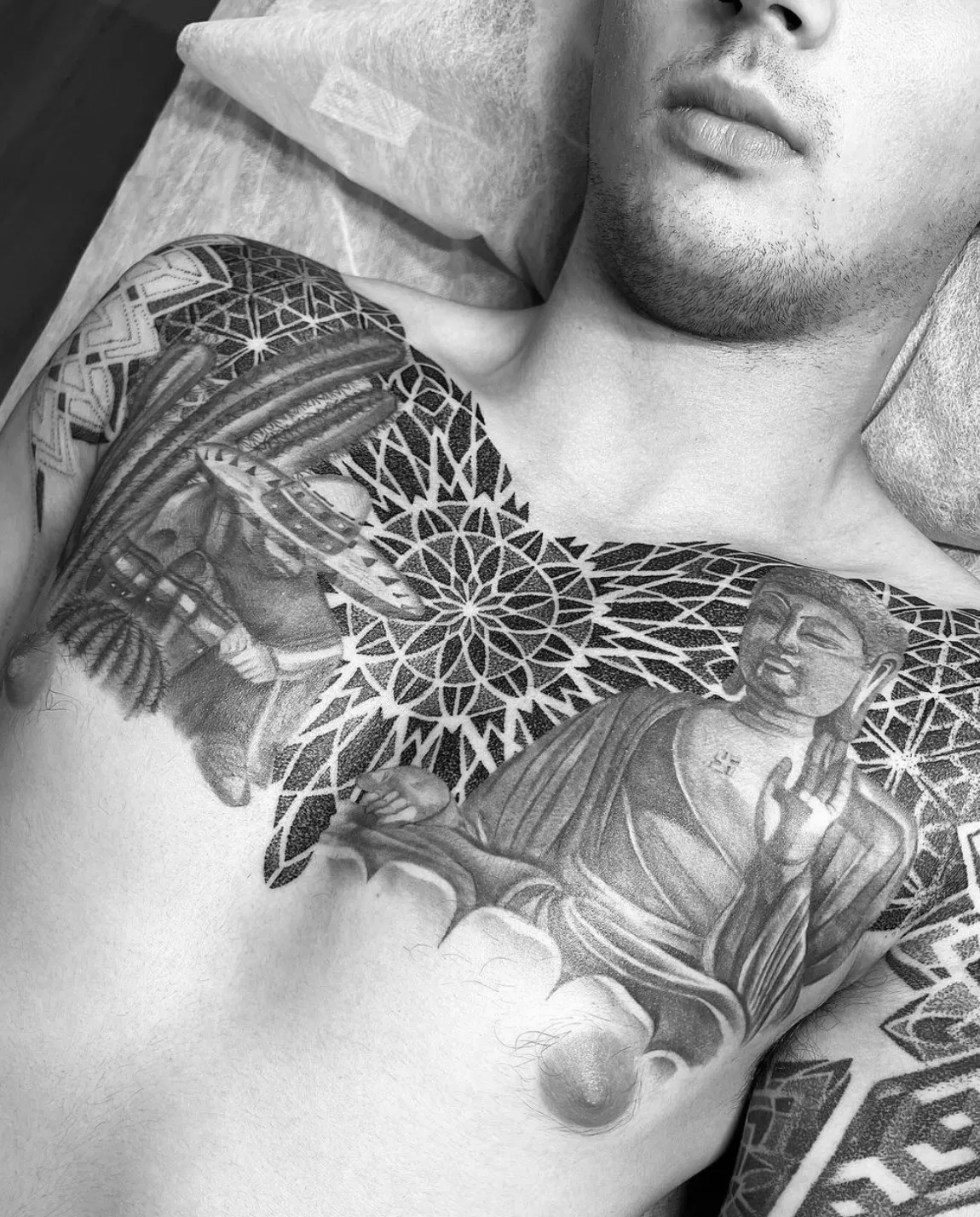 Chest and shoulder pattern work with symmetrical geometric design by Alex Berin