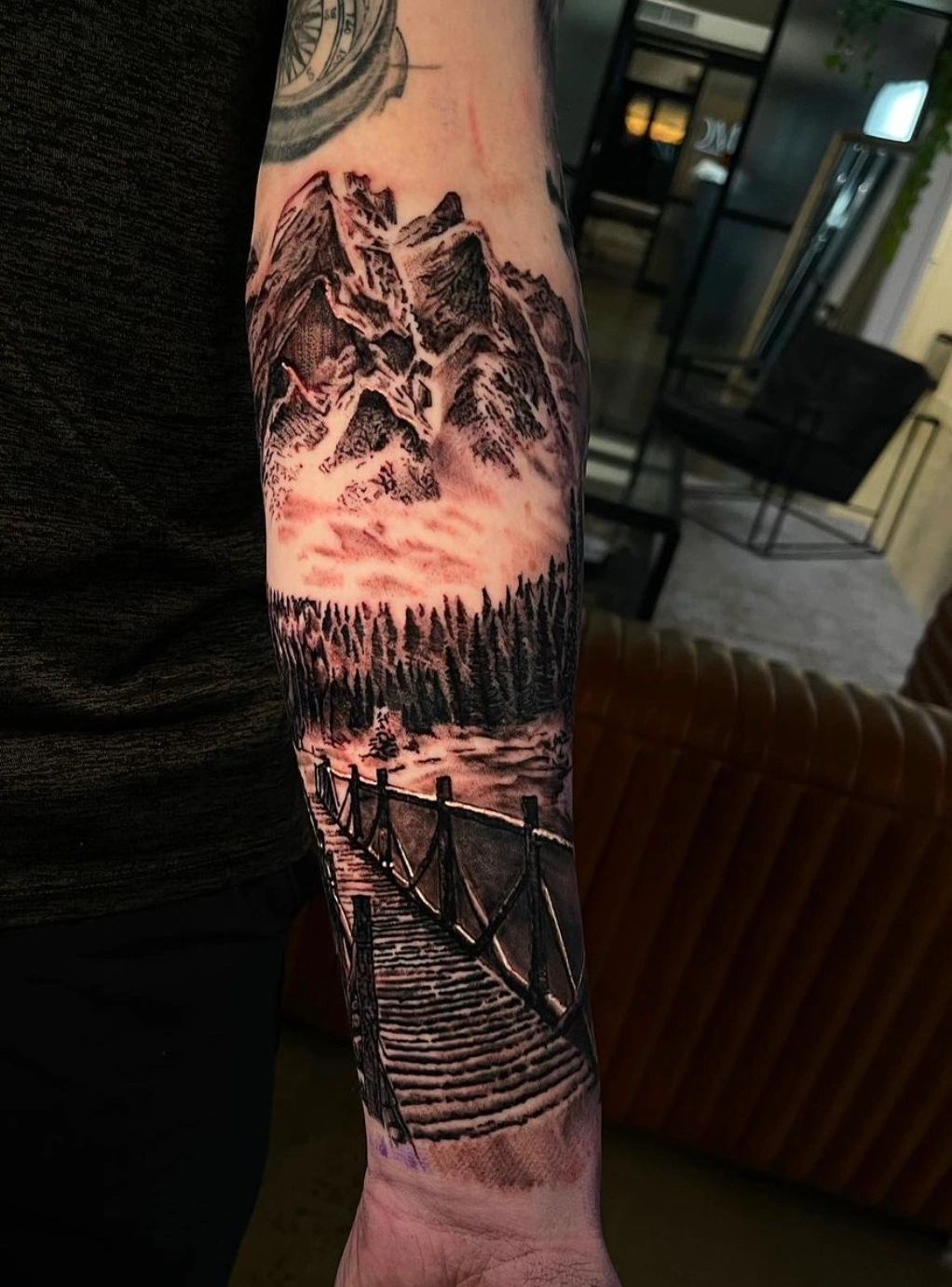 Bridge to nowhere conceptual black and grey tattoo by Dylan James
