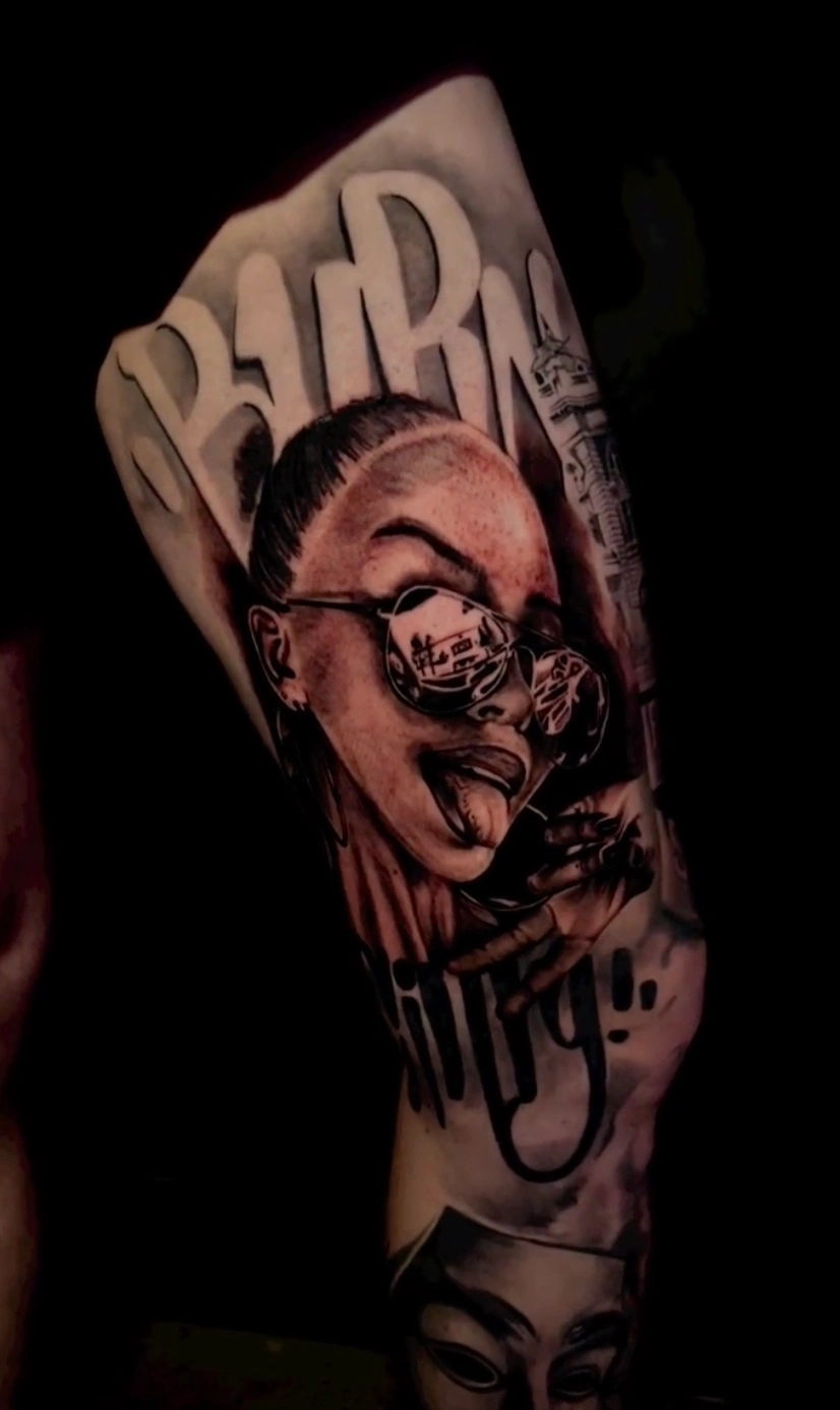 Melbourne themed Burn City full leg sleeve tattoo by Dylan James