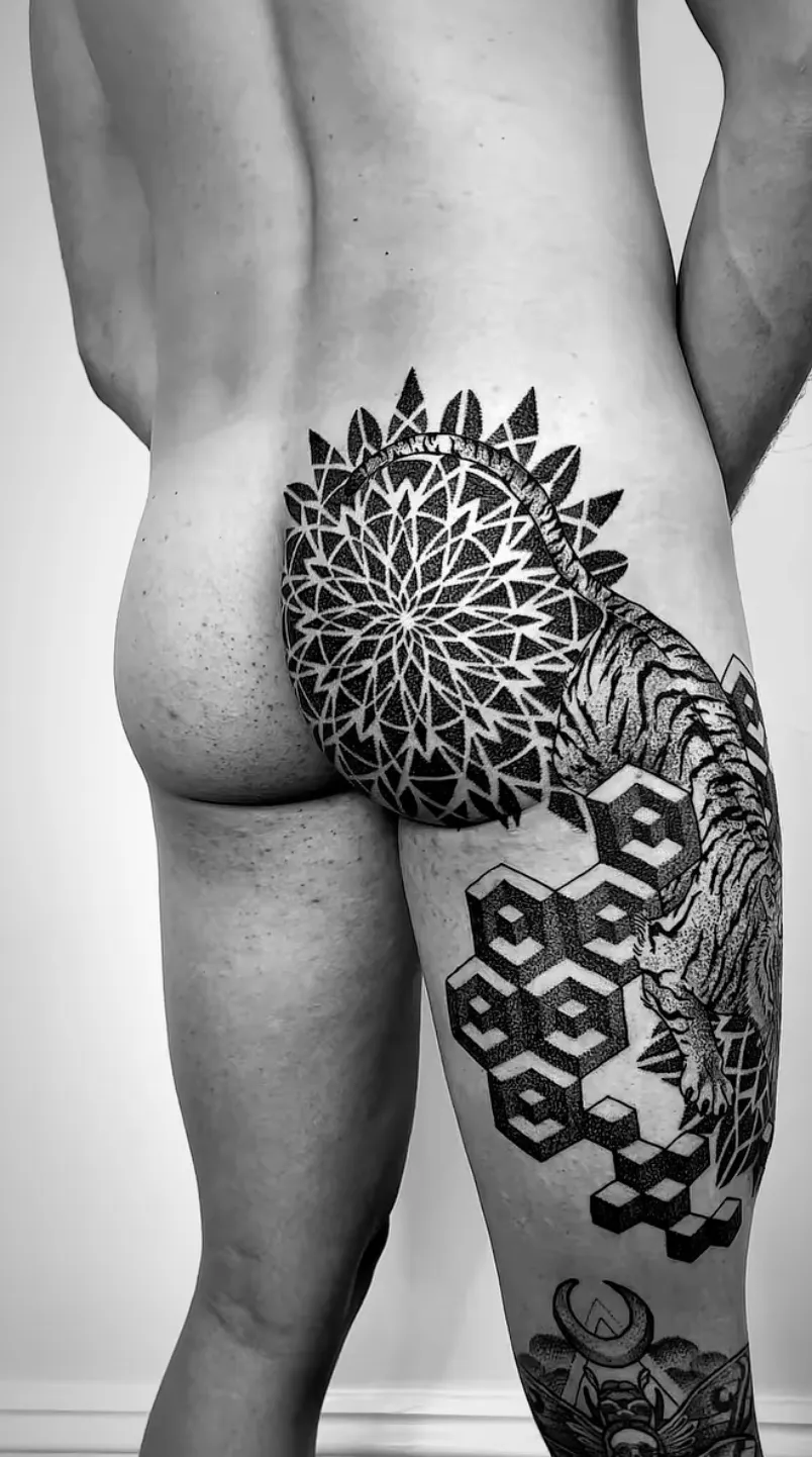 Geometric tiger tattoo with cosmic pattern elements and dotwork by Alex Berin