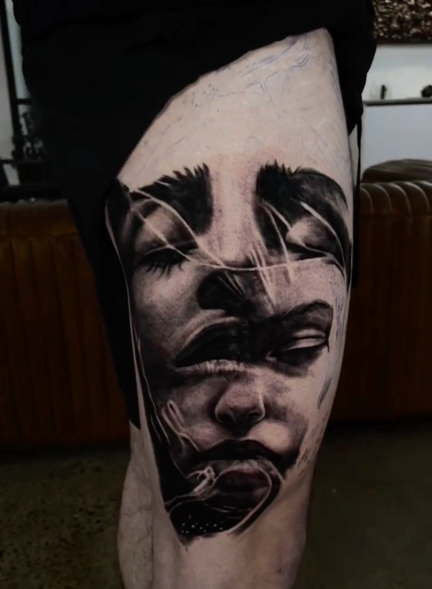 Girl morph face concept tattoo for leg sleeve by Dylan James