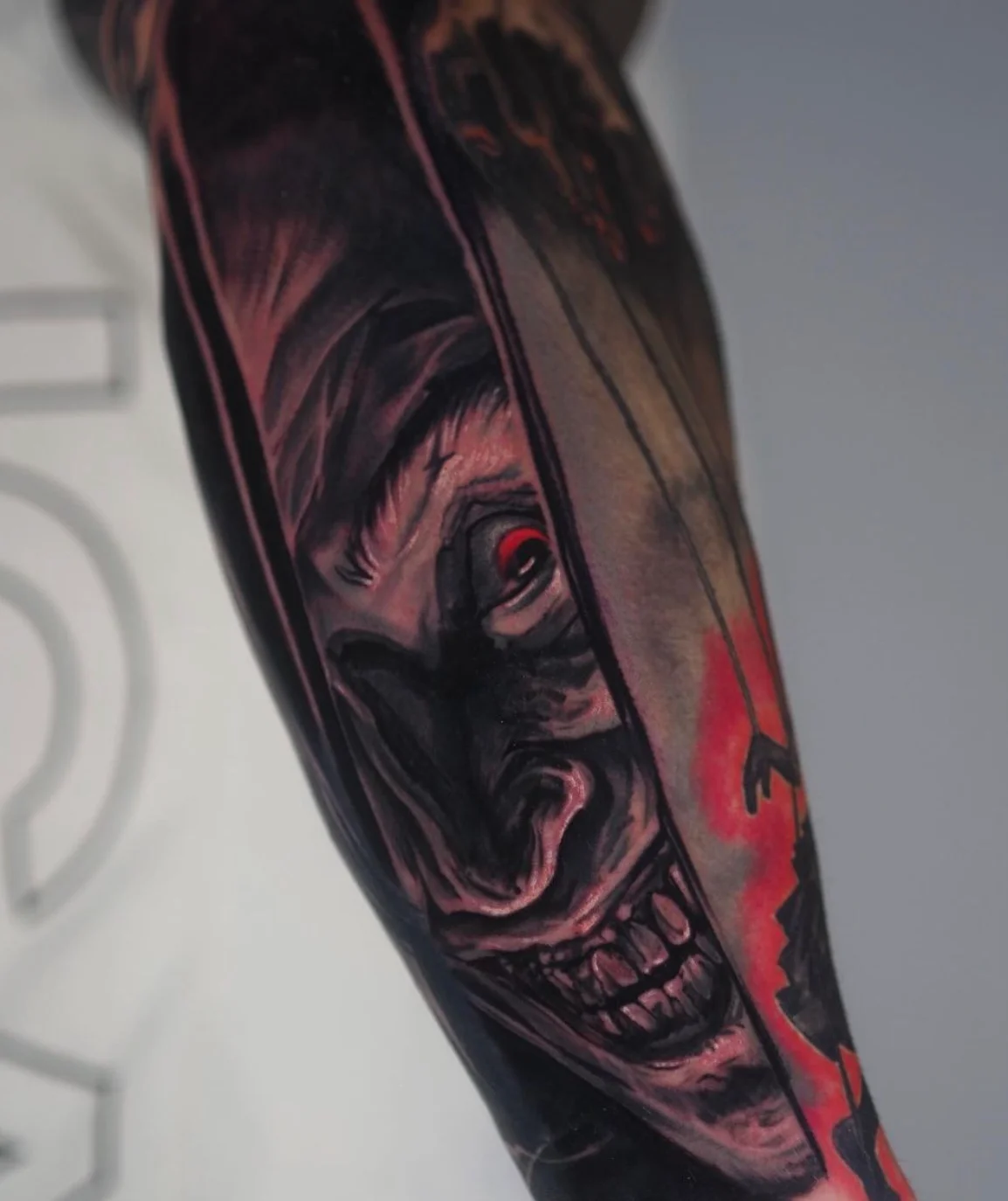 Santa Claus horror-themed tattoo with dark twist on holiday character by Karlo at Omnia Tattoo Melbourne