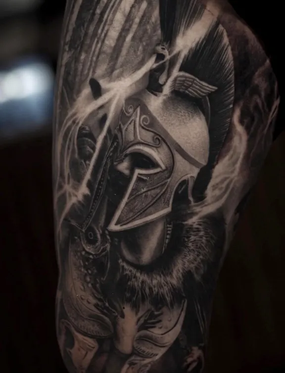Healed leg tattoo by Luke Dyson