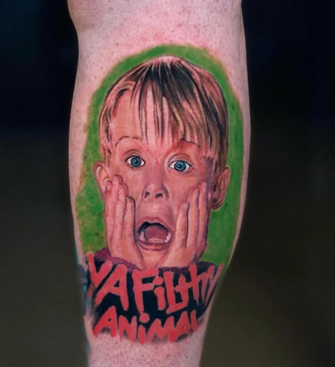 Home Alone Kevin McAllister portrait tattoo with pop culture nostalgia by Karlo at Omnia Tattoo Melbourne