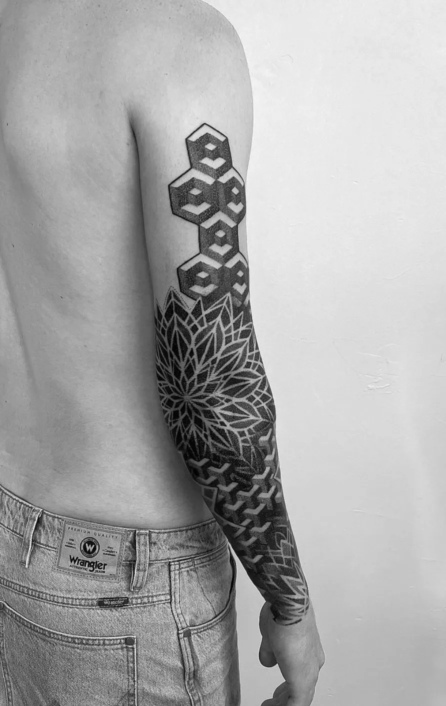 Arm sleeve with sacred geometry patterns and dotwork technique by Alex Berin