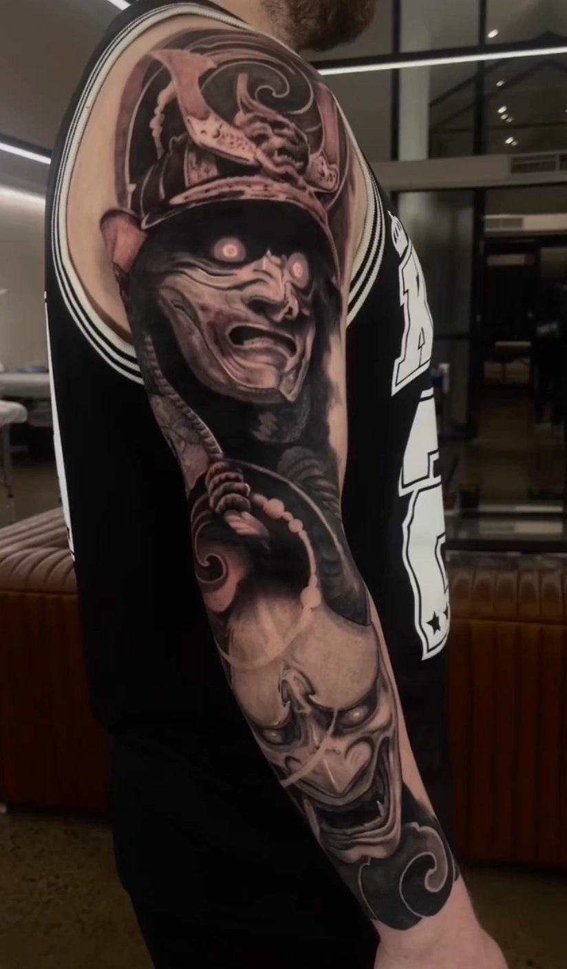 Samurai and Hannya mask Japanese-inspired sleeve by Dylan James
