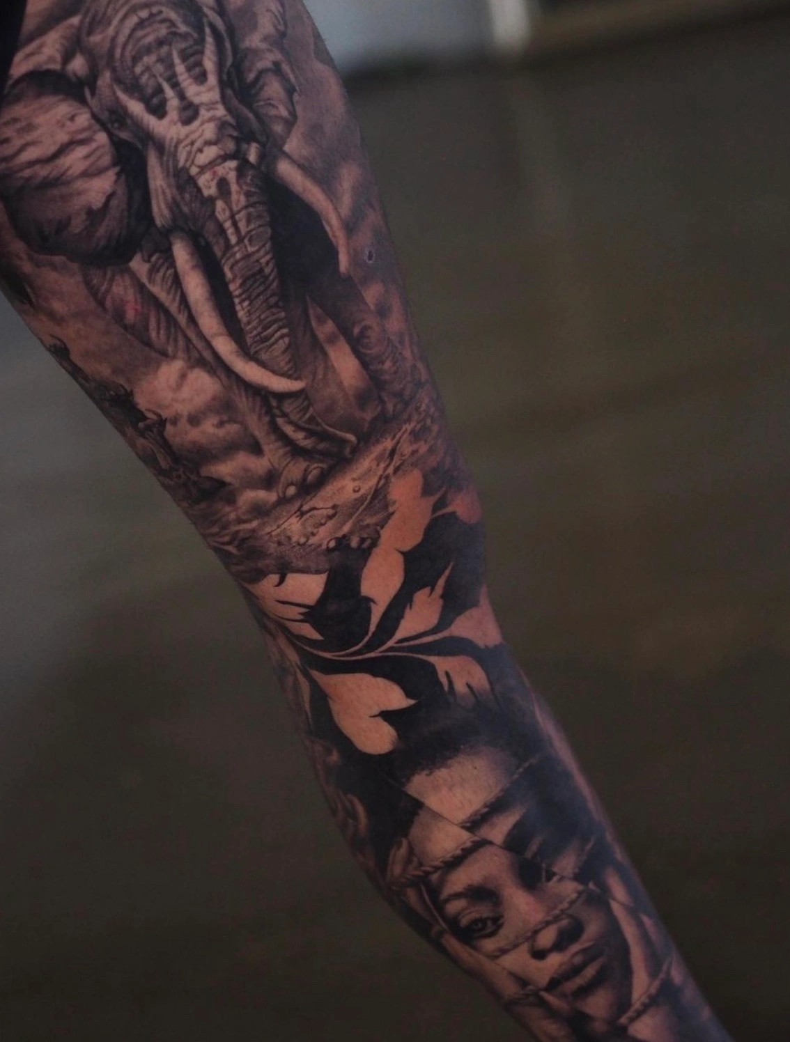 Elephant black and grey realism tattoo by Dylan James with fine detail