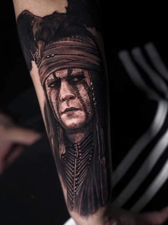 Detailed Johnny Depp portrait tattoo by Luke Dyson