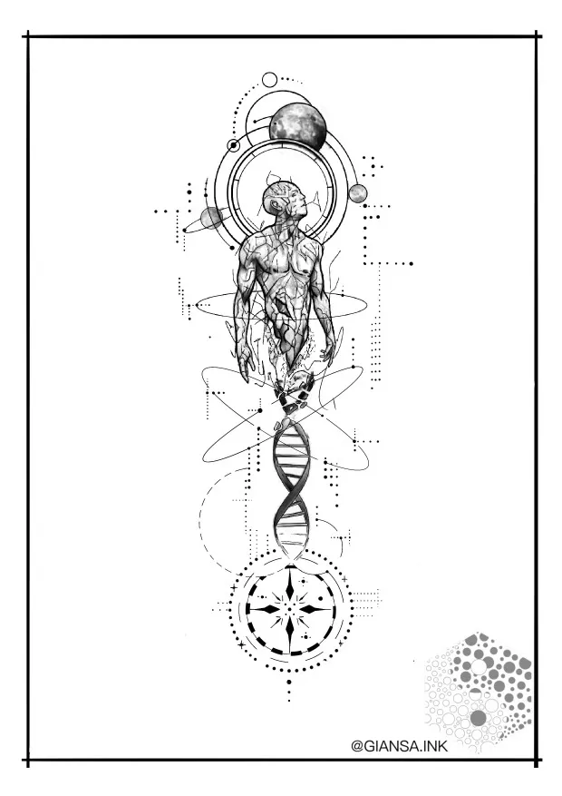 Detailed black and grey portrait featuring balanced brain and heart with text 'GROWTH' and 'BALANCE'