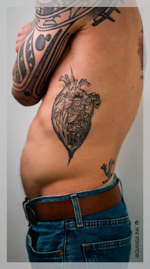 Anatomical heart tattoo with mechanical and technical elements in blackwork style