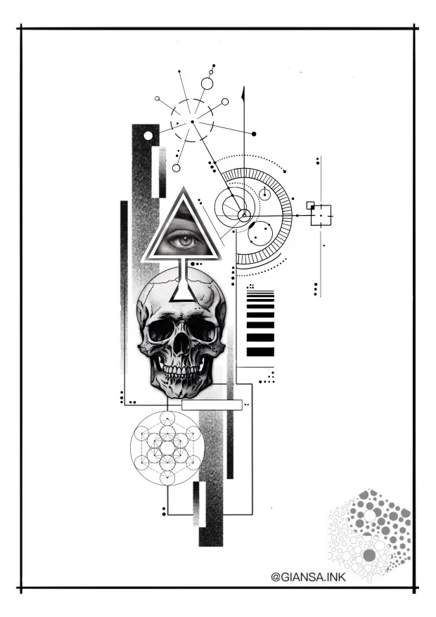 Forearm geometric tattoo with red accent elements and hexagonal patterns