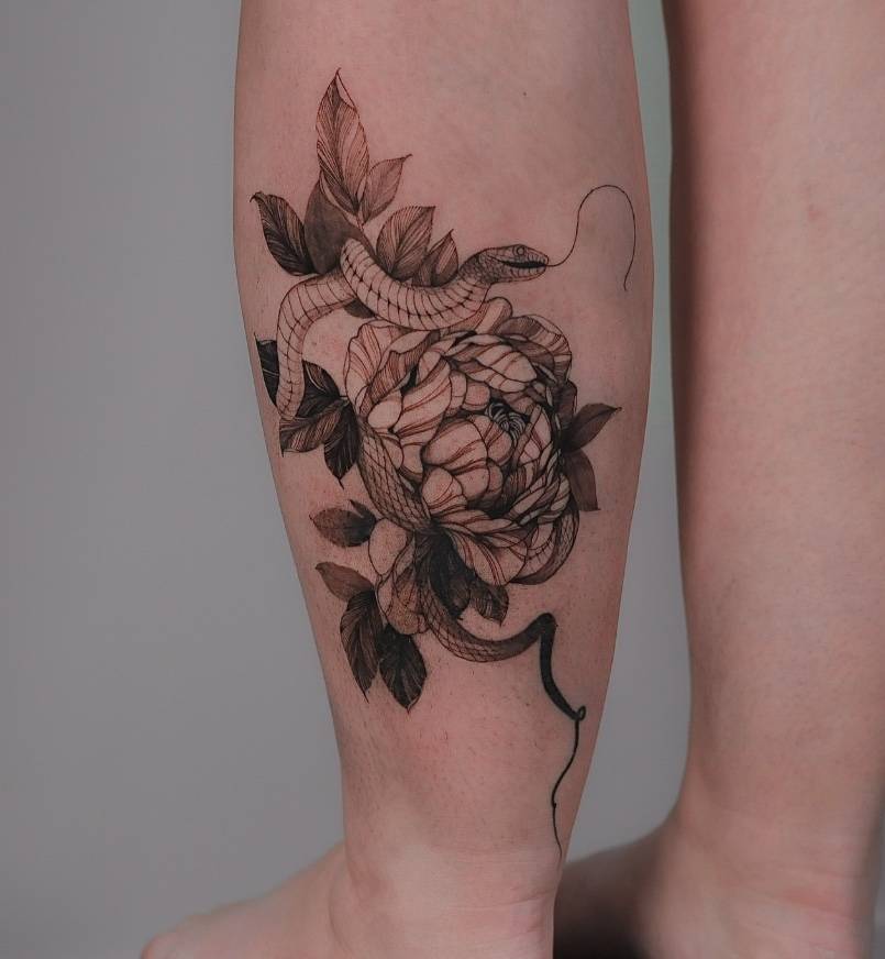 Peony flower with snake tattoo by Renei at Omnia Tattoo Melbourne