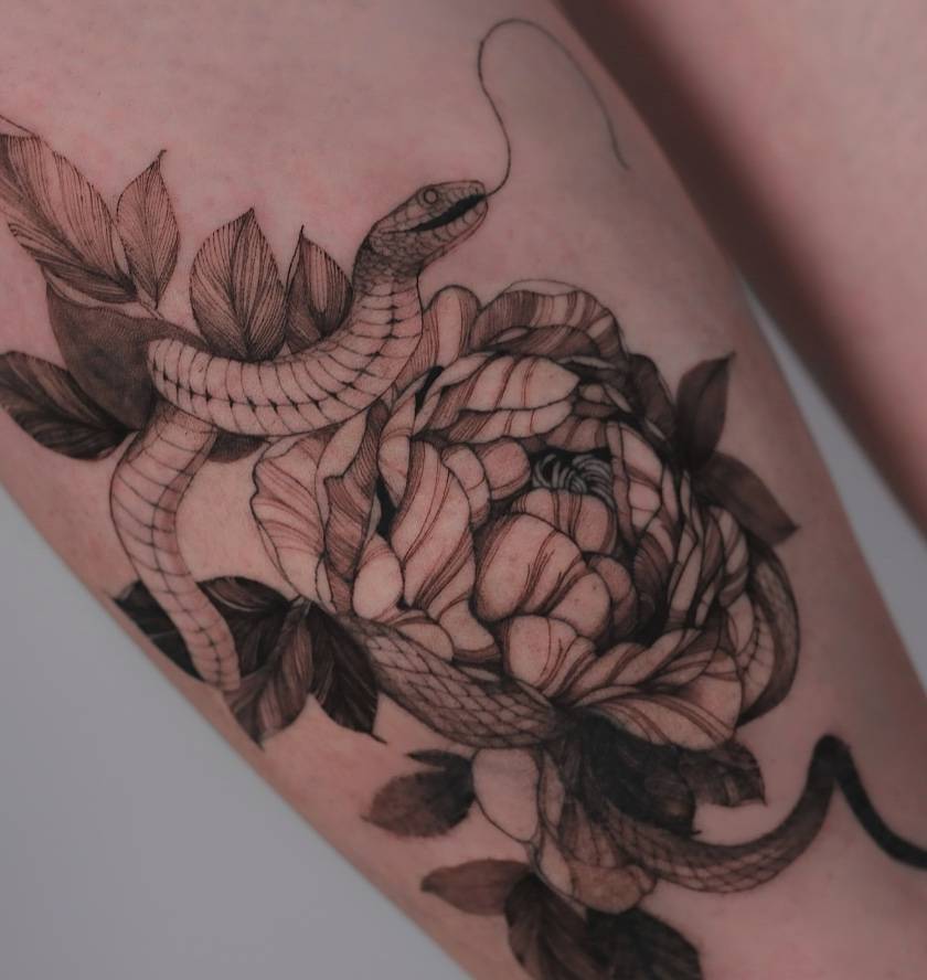 Detailed peony with snake fine line tattoo by Renei at Omnia Tattoo Melbourne