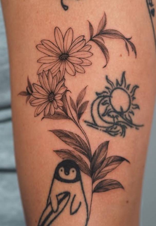 Daisy composition fine line tattoo by Renei at Omnia Tattoo Melbourne