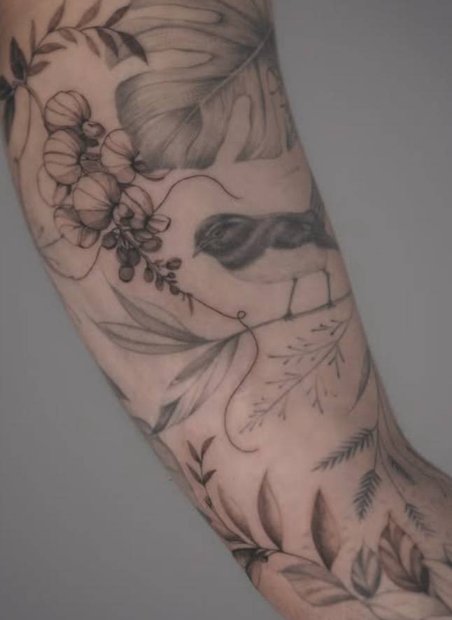 Floral sleeve fine line tattoo by Renei at Omnia Tattoo Melbourne